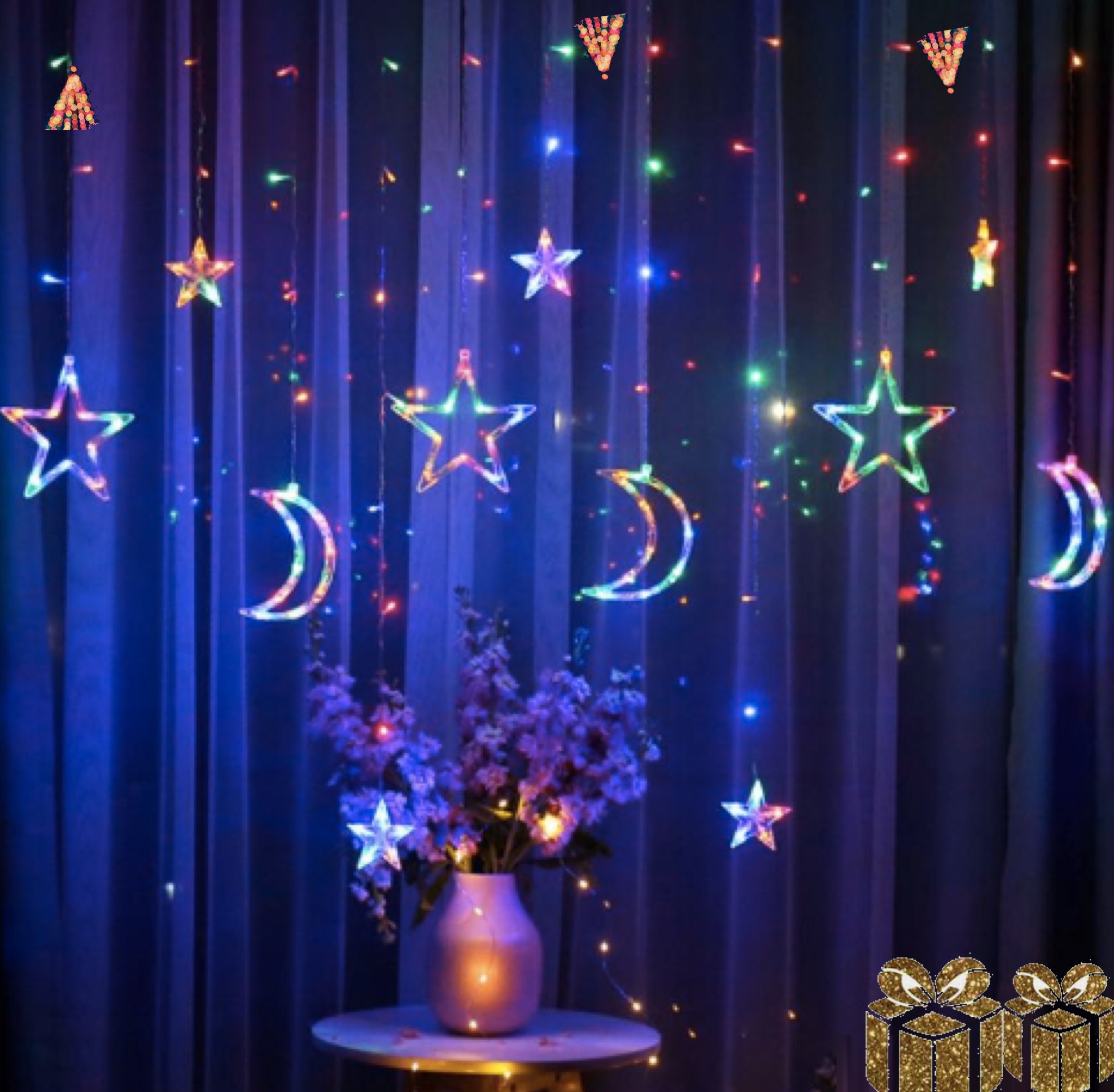 LED Star Moon String Light, 138 LEDs Window Curtain Lights, Ramadan