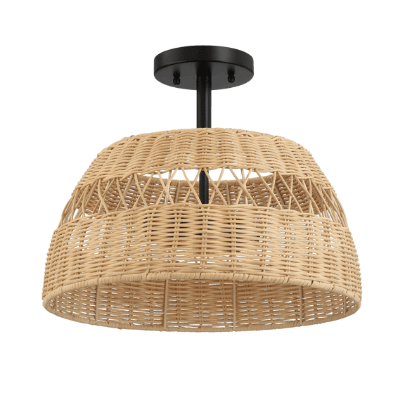 Twinkle Semi Flush Mount Light Fixture - Double Rattan Shade Farmhouse Ceiling Light - Black Metal Finish - Rustic Style for Hallway, Bedroom, Living Room