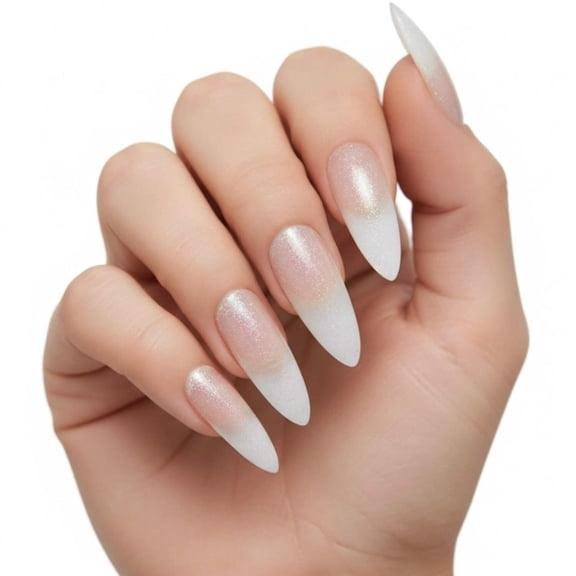 White Ombre Shimmer French Press On Nails, Extra Long Sharp Stiletto False Tips Fake Nails Set