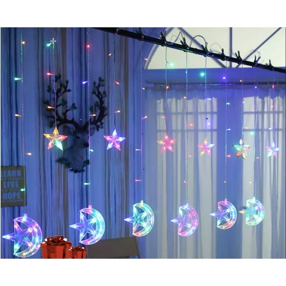 Twinkle Star 138 LED Star Moon Curtain String Lights, Window Curtain Lights with 8 Flashing Modes Wedding Party, Home, Patio Lawn Decorations (RGB)