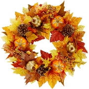 Twinkle Star 16" Fall Wreath, Autumn Harvest Wreath, Pumpkins and Artificial Maple Leaves, Pine Cone and Berries, for Front Door Wall Indoor Outdoor Halloween Thanksgiving Decorations