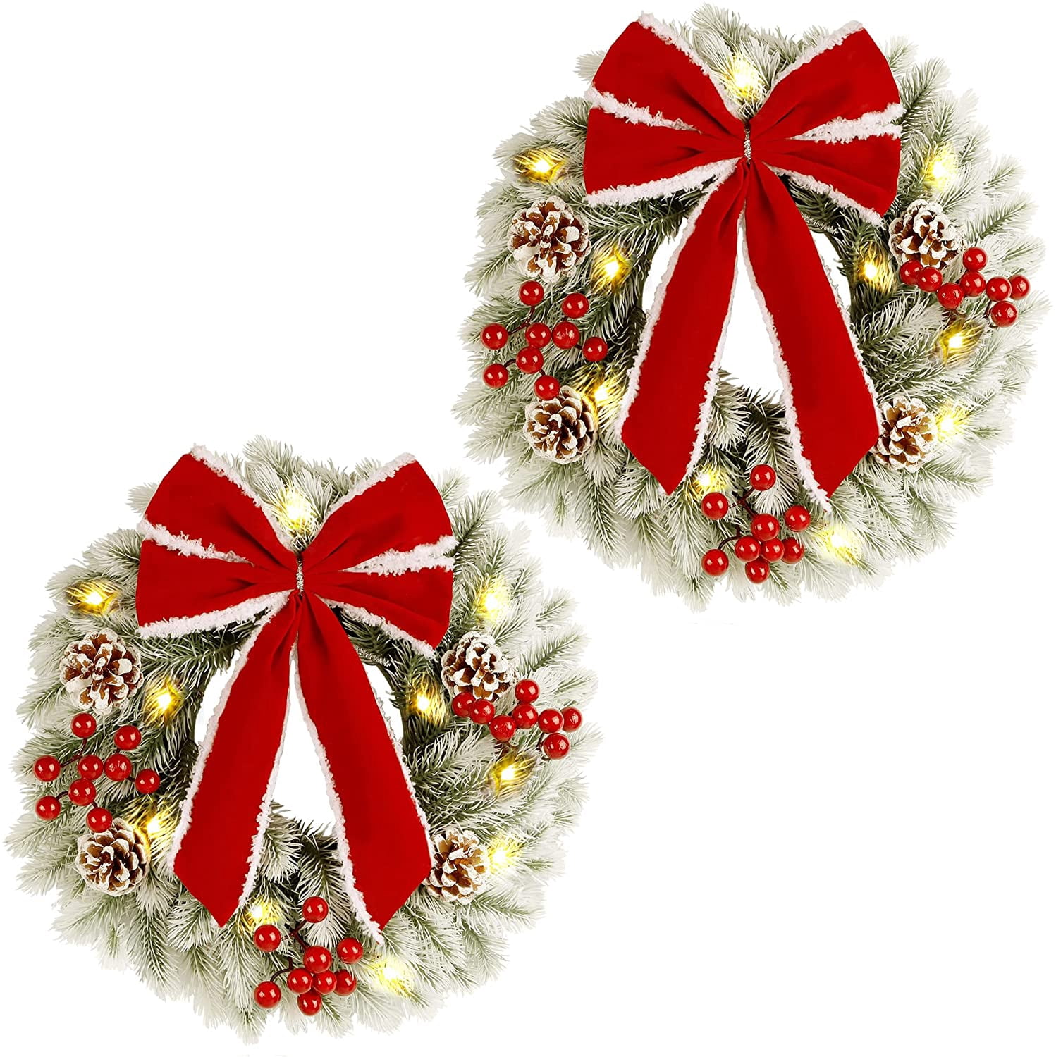 Twinkle Star 2-Pack Illuminated Spring Wreaths - 13-Inch Christmas Lights for Christmas Decoration with Red Bow and LED Pine Needle Design for Front Door and Party Decor