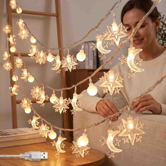 Twinkle Star 40 LED Star String Lights Plug in 20FT, Warm White | Plug In, Waterproof, Indoor Outdoor Use, Bedroom Wedding Party Ramadan Christmas Decor