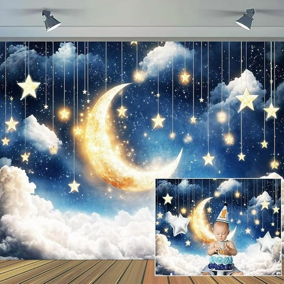 Twinkle Star Baby Shower Backdrop Glitter Moon Stars White Clouds Birthday Photography Background Blue Starry Sky Newborn Shower Birthday Party Decorations Banner Supplies Photo Booth Props
