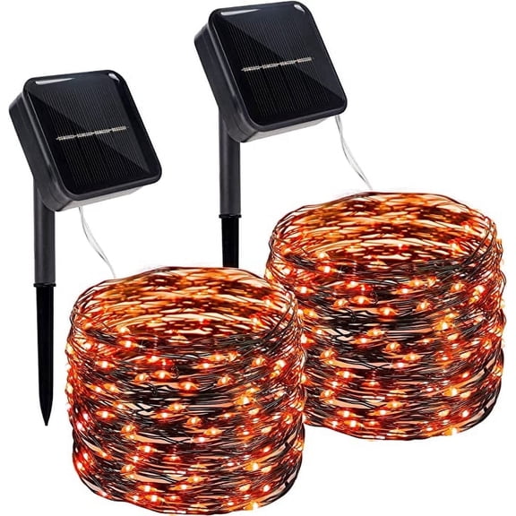 Twinkle Star Christmas Decorations 33’ Outdoor Solar String Lights, Solar Powered Christmas Lights, 8 Modes, 120 LED Bulbs, Orange, 2 Pack
