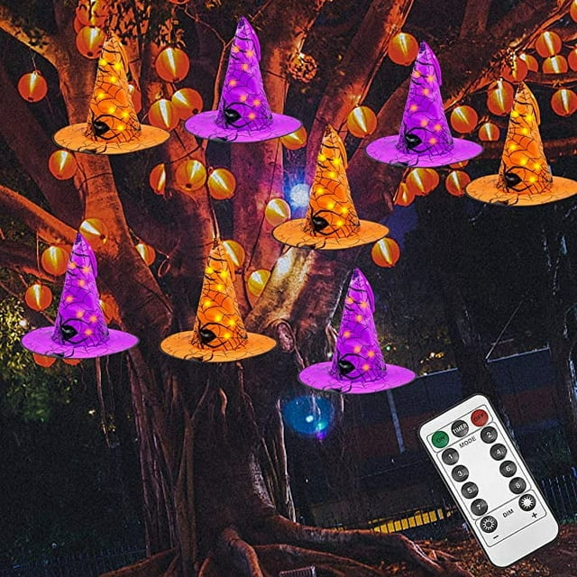 Twinkle Star Halloween Decorations 8 Pcs Lighted Hanging Witch Hats