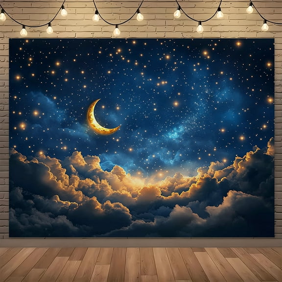 Twinkle Twinkle Little Star Backdrop Crescent Moon Golden Stars and Cloud Photography Background for Bedroom Backdrops for Birthday Baby Shower Newborn Baby Portrait Decorations Photo Booth Props