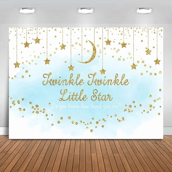 Twinkle Twinkle Little Star Backdrop Light Blue Gold Stars Baby Shower Background Moon and Stars Boy Baby Shower Party Cake Table Decorations Banner Photo Booth Props