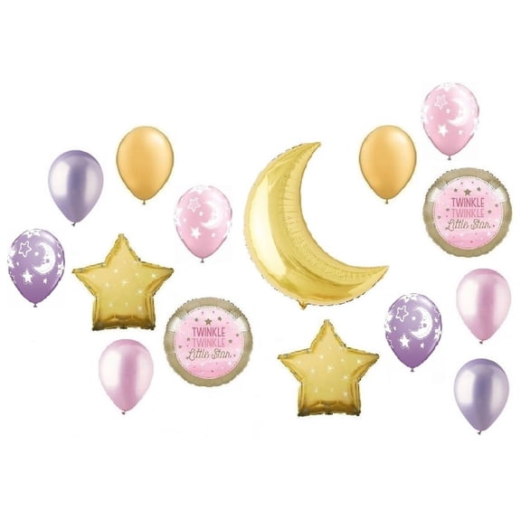Twinkle Twinkle Little Star Gold Crescent Moon Girl Pink Baby Shower Balloon Bouquet Decorating Kit 15 Piece Mylar and Latex Balloons Set -Plus (1) 66' (66 Foot) Roll of Curling Balloon Ribbon