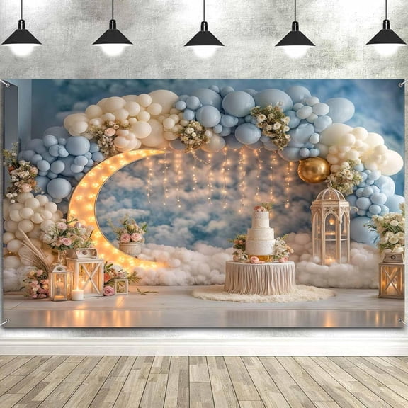 Twinkle Twinkle Little Star Moon Backdrop Blue Sky White Clouds Baby Shower Photography Background Gold Glitter Stars Balloon Boy or Girl Birthday Party Decorations Banner Photo Booth Props