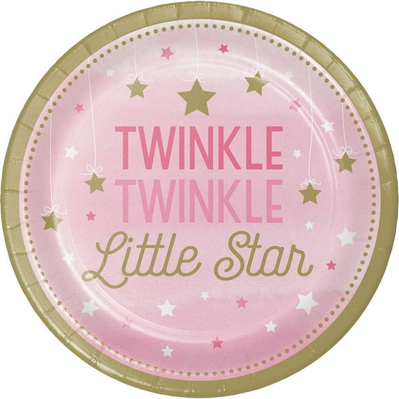 Twinkle Twinkle Little Star Pink Round Paper Plates 8 Count for 8 Guests
