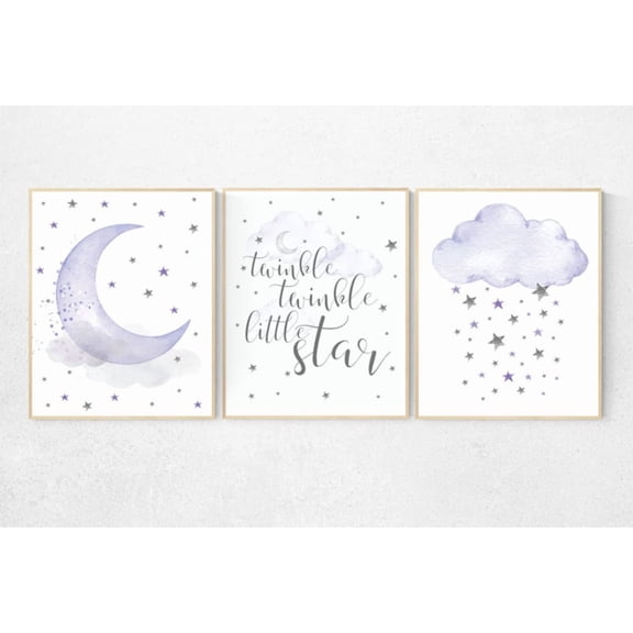 Twinkle Twinkle Little Star Poster Purple Lavender Lilac Baby Girl Nursery Elephant Theme Set 3 Set 3