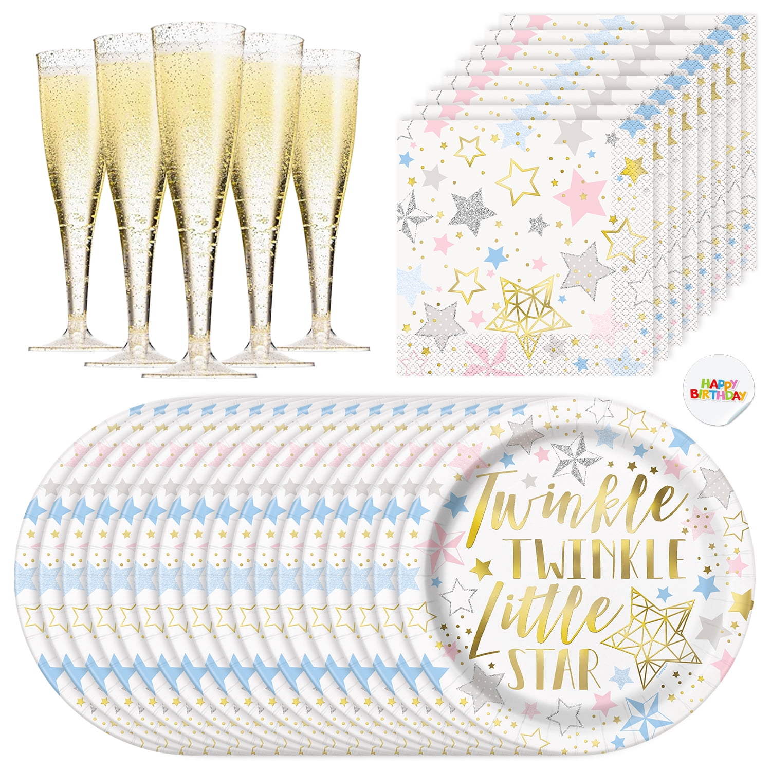 HEROFIBER Twinkle Twinkle Little Star Theme Baby Shower Party Supplies Set for 32 Includes: Paper Plates, Luncheon Napkins, Champagne Flutes, Perfect for Baby Shower, Gender Reveal, Childrens Birthdays
