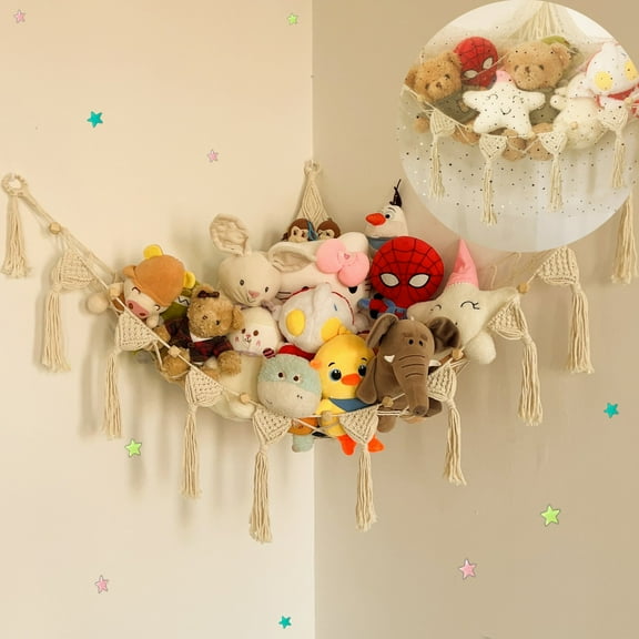TwinkleTwist Stuffed Animal Toy Storage Hammock with Luminous Stars, Doll Corner Stuff Animals Organizer Decorations, Cute Hanging Plushie Net Kids Nursery Room Decor