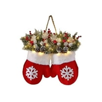 Twinkling Christmas Mitten Wreath 14 Inch Pre Lit Flocked Pine Wreath with LED Lights Hanging Decoration for Indoor Wall Outdoor Porch Mantle Front Door