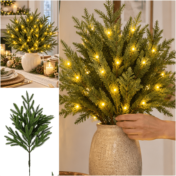 Twinkling Enchanted Evergreen Pine Branches With LED Lights for Christmas Indoor Home Decor, 5.9Inch, 5 Pcs