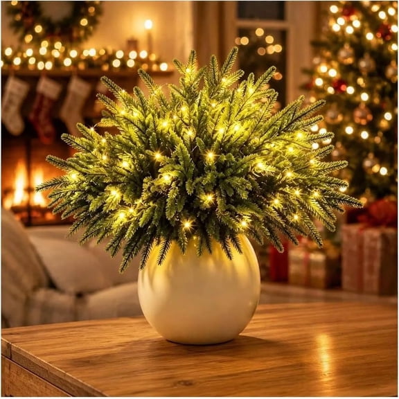 Twinkling Enchanted Evergreen Pine Tree with Lights,Pack Lighted Artificial Pine Branches, Enchanted Evergreen Pine Decor for Christmas, Winter, Tabletop, Mantel and Vase,Pine*10