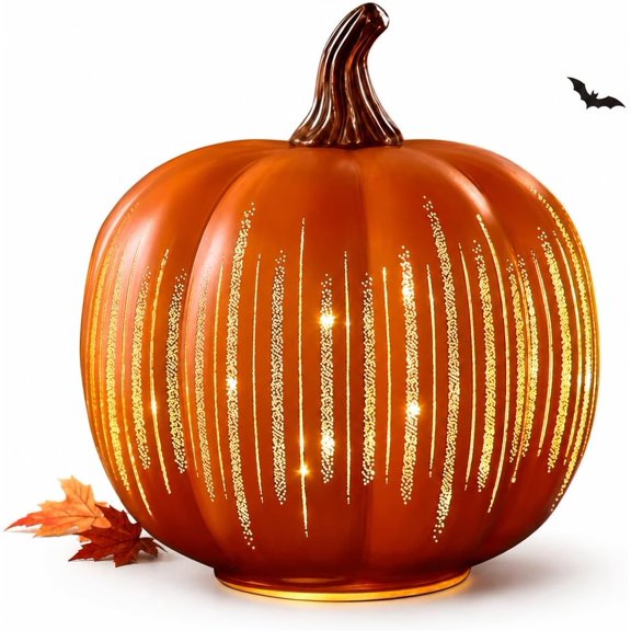 Twinkling Pumpkins Glass Night Lights,Sparkling Starry Decor | Warm LED Glow, Vertical Glitter Streaks, Battery Operated, Cord-Free Placement, Tabletop Centerpiece