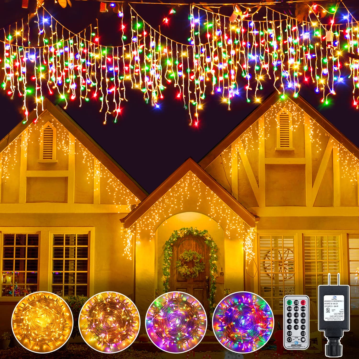 Twinkling Snowflake Icicle Christmas Lights 306LED 25FTColor Changing Connectable Remote