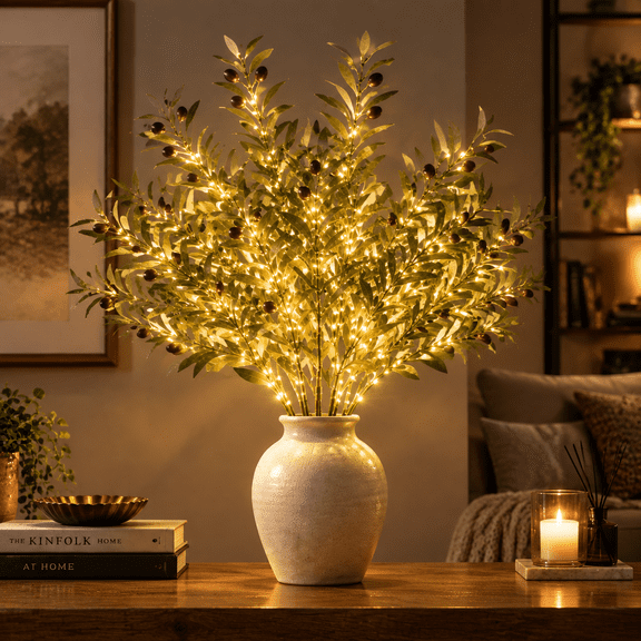 Twinkling Tree Enchanted Evergreen Pine, Enchanted Evergreen Pine with Lights, Christmas Artificial Olive Stems, Faux Branches for Home Holiday Decor