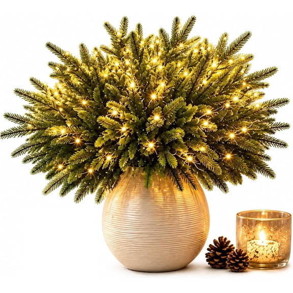 Twinkling Tree Enchanted Evergreen Pine, Lighted Twinkling Evergreen Stems with LED Lights for Vase Arrangements, Christmas Table Decor, Mantel Display and DIY Holiday Decorations