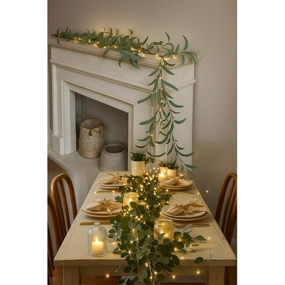 Twinkling Tree Fairy Light Olive Vine, 6FT 96 LED Fairy Lights Prelit - Battery Operated, Pre-lit Lighted Artificial Olive Garland with Timer for Christmas Fireplace Decorations (2pcs Combination)