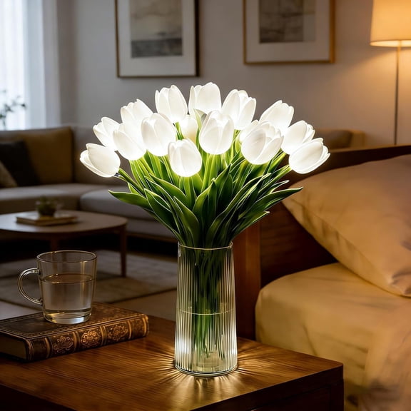 Twinkling Tree Tulips Night Light, 15PCS Tulip Lamp Artificial Flowers with Vase, LED Plant Light Up Flowers for Bedroom Decor, Radiant Romantic Gifts for Women, Mom Valentine's Day (10PCS-White)