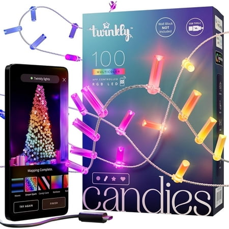 Twinkly - Candies Candle Shaped 100 RGB LED Smart Light String Clear Wire USB-C - Multicolor