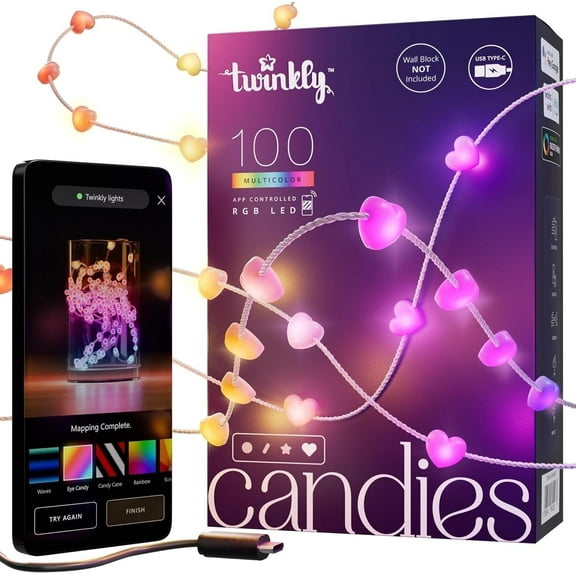 Twinkly Candies USB-C Heart-Shaped LED String Lights, 100 RGB Colors, 19.7 ft, App-Controlled