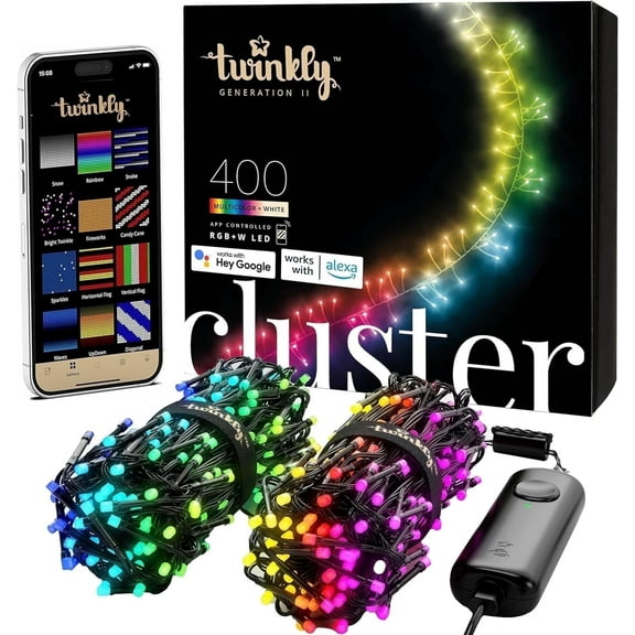 Twinkly Cluster 19.7ft Electric LED String Lights, Smart App-Controlled, Indoor/Outdoor, 400 Pack