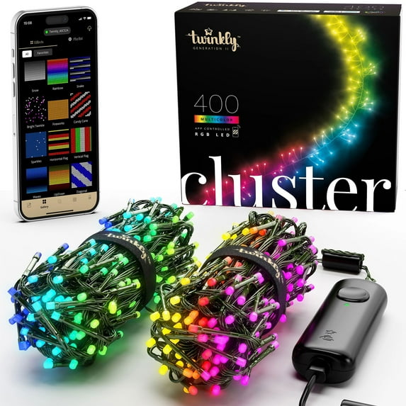 Twinkly Cluster App-Controlled Smart 400 Multicolor RGB LED Christmas Lights (2 Pack)