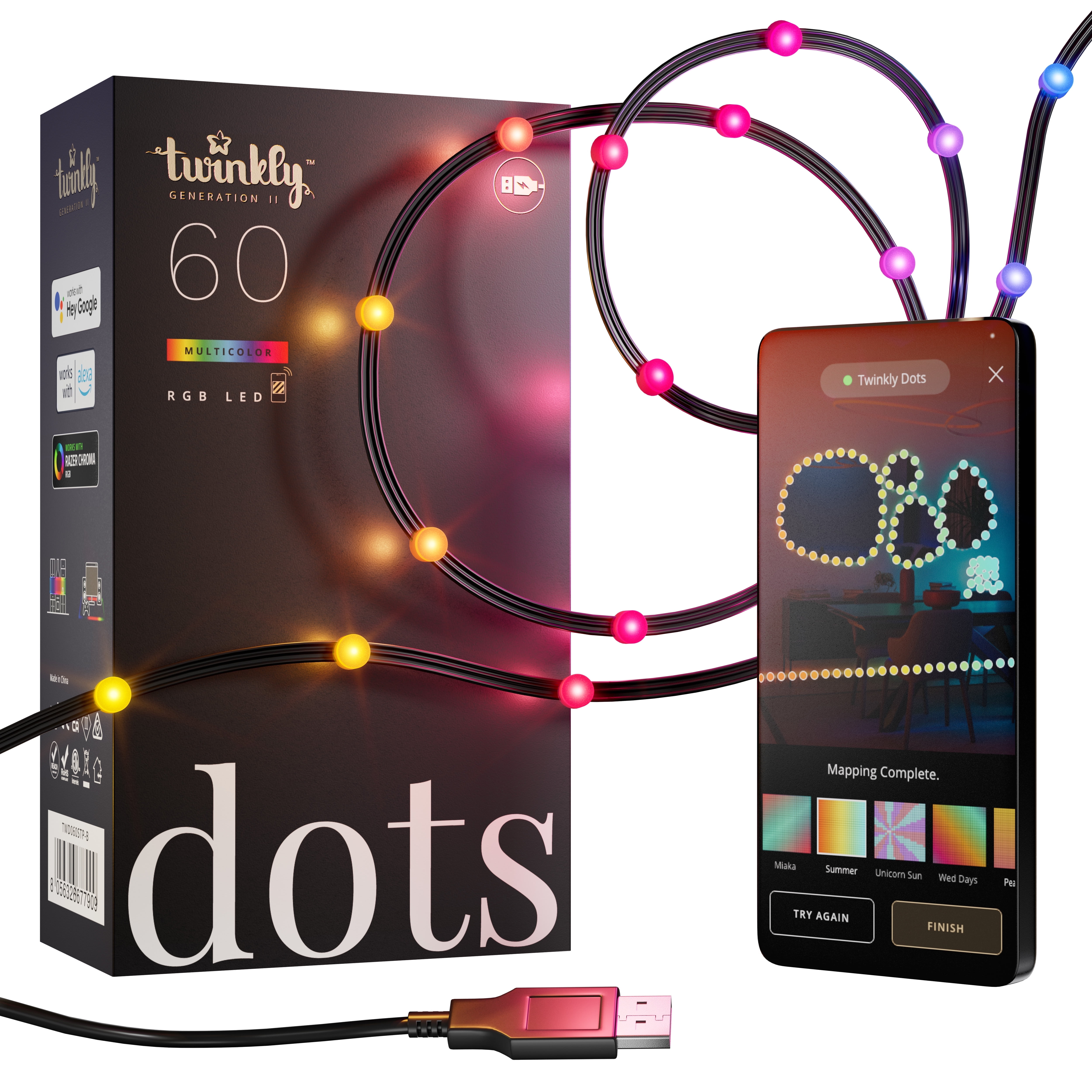 Twinkly Dots 60 LED Smart Gaming Room Flexible Lights, USB Black