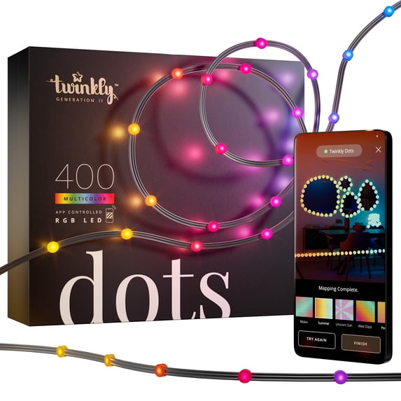 Twinkly Dots String Lights App-Controlled Flexible LED Color Changing String Lights, 60 RGB (16 Mil. Colors). 400 LED / 2x33 Ft Black Wire. USB-Powered Indoor Smart Home Lighting Decoration.
