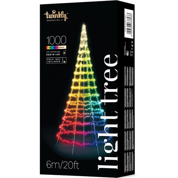 Twinkly Light Tree – App-Controlled Flag-Pole Christmas Tree with 1000 RGB+W (16 Million Colors + Warm White) LEDs. 19.7 Feet. Black Wire. Pole not Included. Outdoor Smart Lighting Decoration