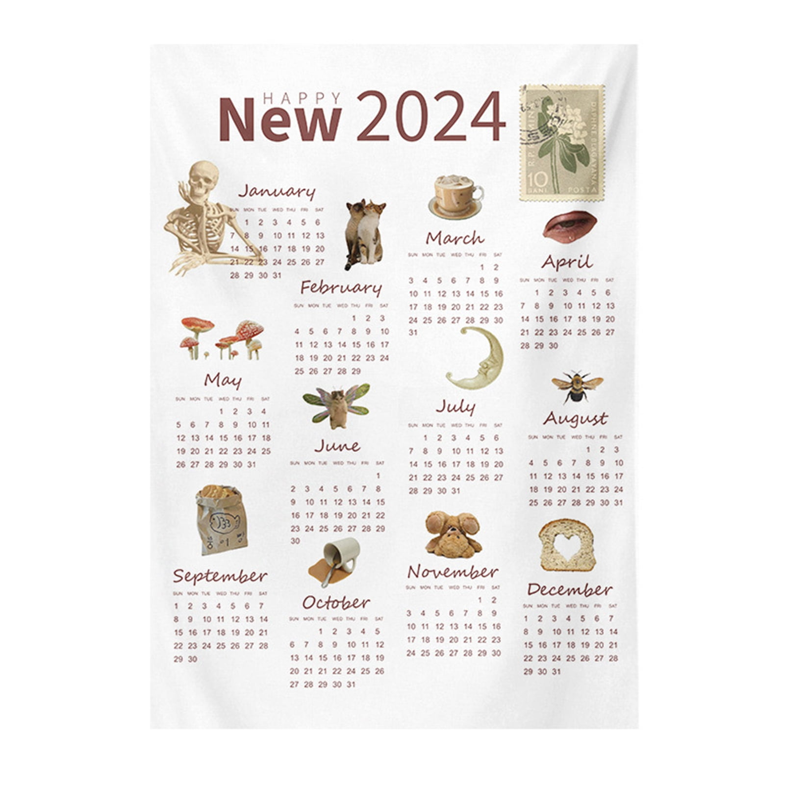 Twinkseal Home Decor Wall Calendar 2024 Wall Calendar Soft Cloth Hanging Tapestry for Room