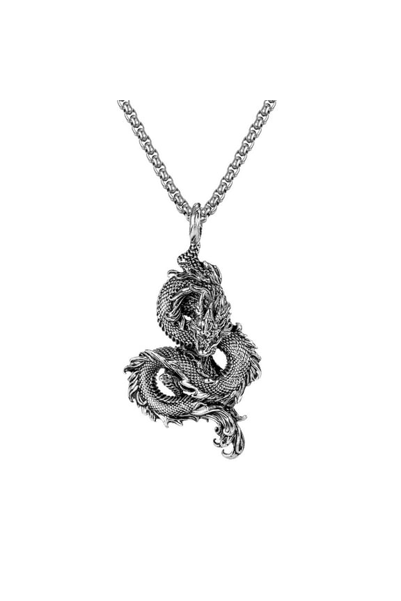 Nickel-free Necklace Vintage Steel Dragon Necklace Chinese Dragon Engraved Pendant Women Men Sweater Chain Party Club Jewelry Birthday Gift