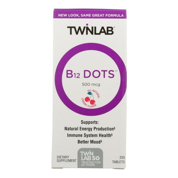 Twinlab B12 Dots - Vegetarian Vitamin B12 Sublingual Natural Energy Pills - B12 Vitamins for Nerve & Brain Health, Energy Boost & More - Vitamin B 12 500 mcg, Cherry Flavor 250 Lozenges (Pack of 1)