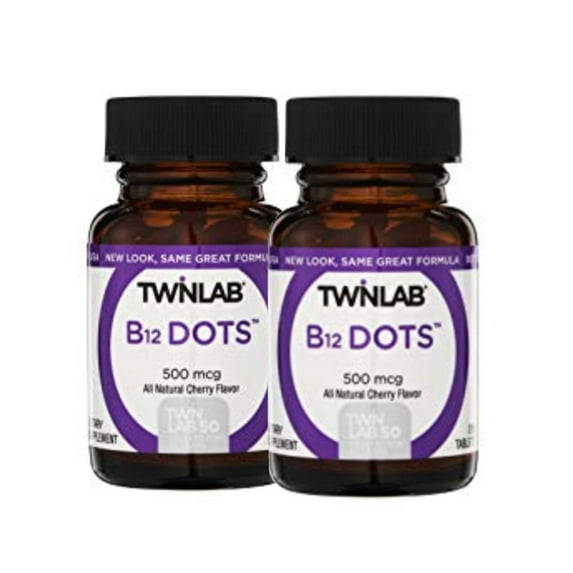 Twinlab B12 Dots - Vegetarian Vitamin B12 Sublingual Natural Energy Pills - B12 Vitamins for Nerve & Brain Health, Energy Boost & More - Vitamin B 12 500 mcg, Cherry Flavor 250 Lozenges (Pack of 2)
