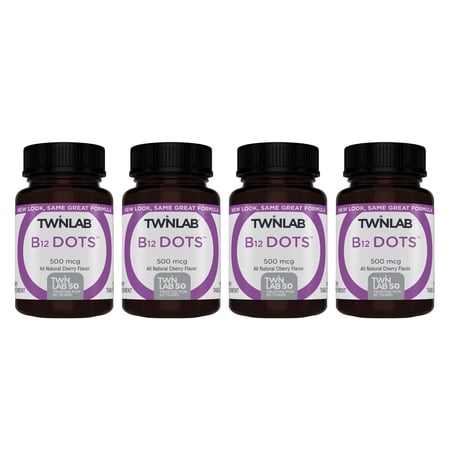Twinlab B12 Dots - Vegetarian Vitamin B12 Sublingual Natural Energy Pills - for Nerve & Brain Health, Energy Boost & Daily Immune Support - 500mcg, Cherry Flavor 100 Lozenges, 4 Pack