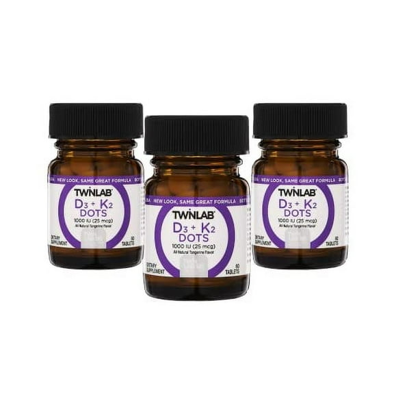 Twinlab D3 + K2 Dots - Vitamin D3 & Vitamin K2 Supplement for Immune Support, Bone Health & Heart Health - Vitamin D 1000 IU + Vitamin K 90 mcg for Bone Strength, Tangerine Flavor, 60 Tablets, 3-Pack