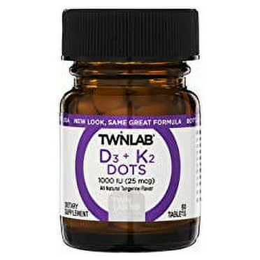 Twinlab D3 K2 Dots - Vitamin D3 & Vitamin K2 Supplement for Immune Support, Bone Health & Heart Health - Vitamin D 1000 IU Vitamin K 90 mcg for Bone Strength, Tangerine Flavor, 60 Tablets, 1-Pack