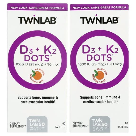 Twinlab D3   K2 Dots - Vitamin D3 & Vitamin K2 Supplement for Immune Support, Bone Health & Heart Health - Vitamin D 1000 IU   Vitamin K 90 mcg for Bone Strength, Tangerine Flavor, 60 Tablets, 2-Pack
