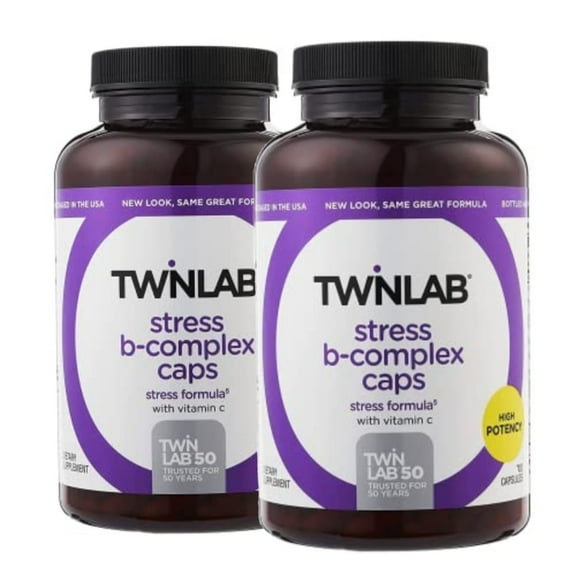 Twinlab Stress B-Complex Caps - High Potency Vitamin B Complex Capsules with Vitamin C 1000mg - Long-Lasting Energy B Vitamins Complex for Immune Support, and More - 100 Capsules (Pack of 2)