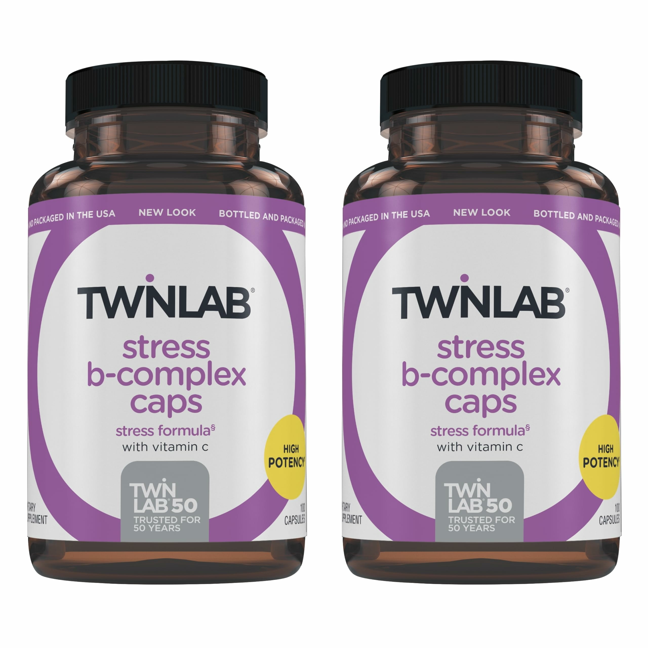 Twinlab Stress B-Complex Caps - High Potency Vitamin B Complex Capsules with Vitamin C 1000mg - Long-Lasting Energy B Vitamins Complex for Immune Support, and More - 100 Capsules (Pack of 2)