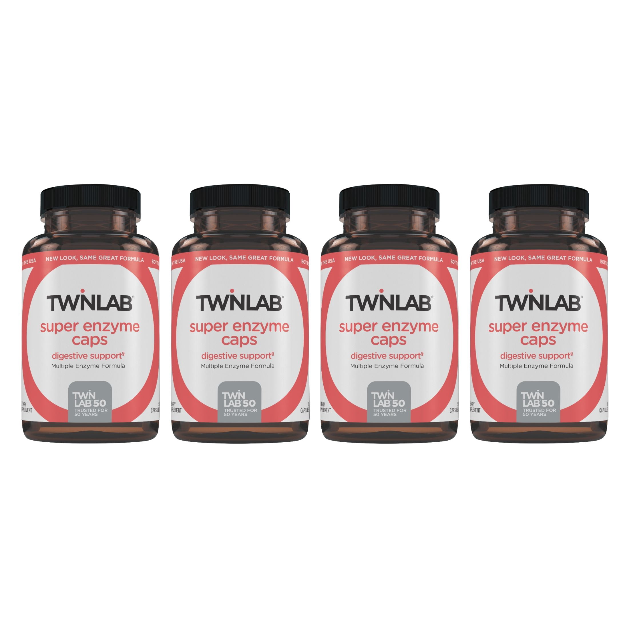 Twinlab Super Enzyme Caps - Digestive Enzymes with Pancreatin, Bromelain and Betaine HCL - Pancreatic Enzymes and Bromelain Supplement for Gut Health, Constipation and Gas Relief, 50 Caps (Pack of 4)