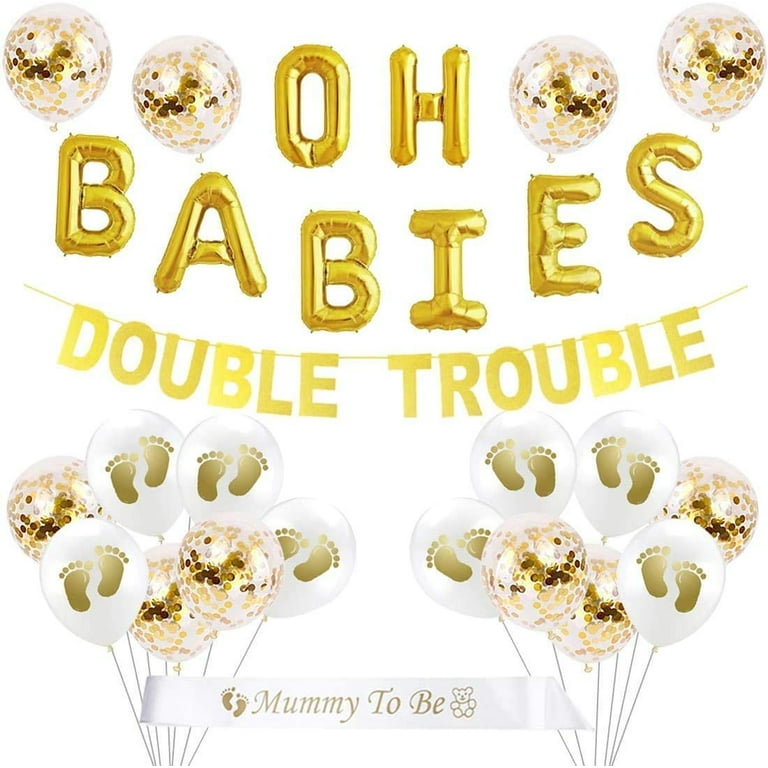 Twins Baby Shower Decorations Set Gold Theme, Double Trouble