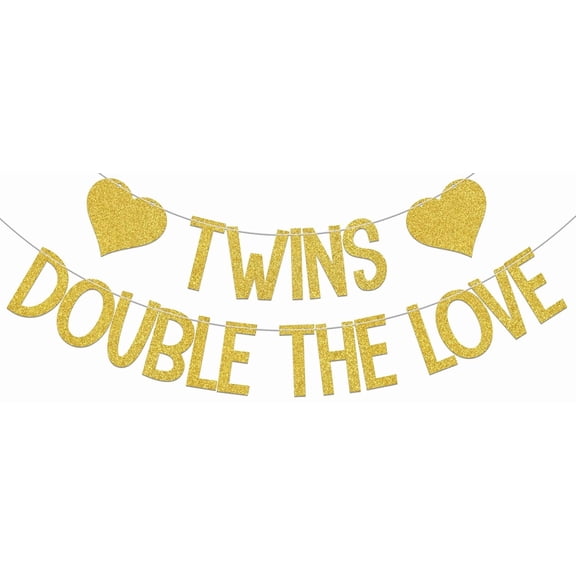 Twins Double The Love Banner - Twin Baby Shower Decorations - Twins Gender Reveal Decorations Gold Double-Sided