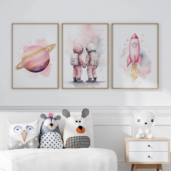 Twins Pink Nursery Decor Space Girl Outer Space Poster Space Nursery Print Two Astronauts Set 3