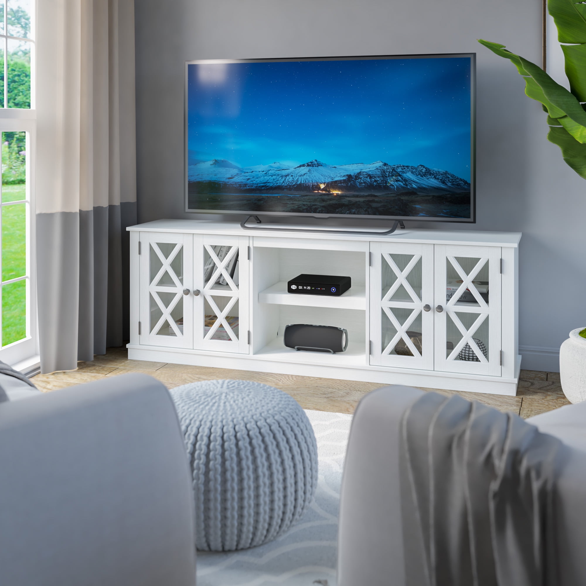 White Farmhouse TV Stand with Cabinets for 80" TVs
