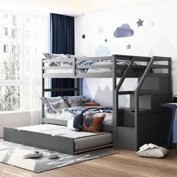 Twintwin Bunk Bed With Trundle And 3 Neat Storage Facilities, Gray Conveniently Organized Facilities Stairs